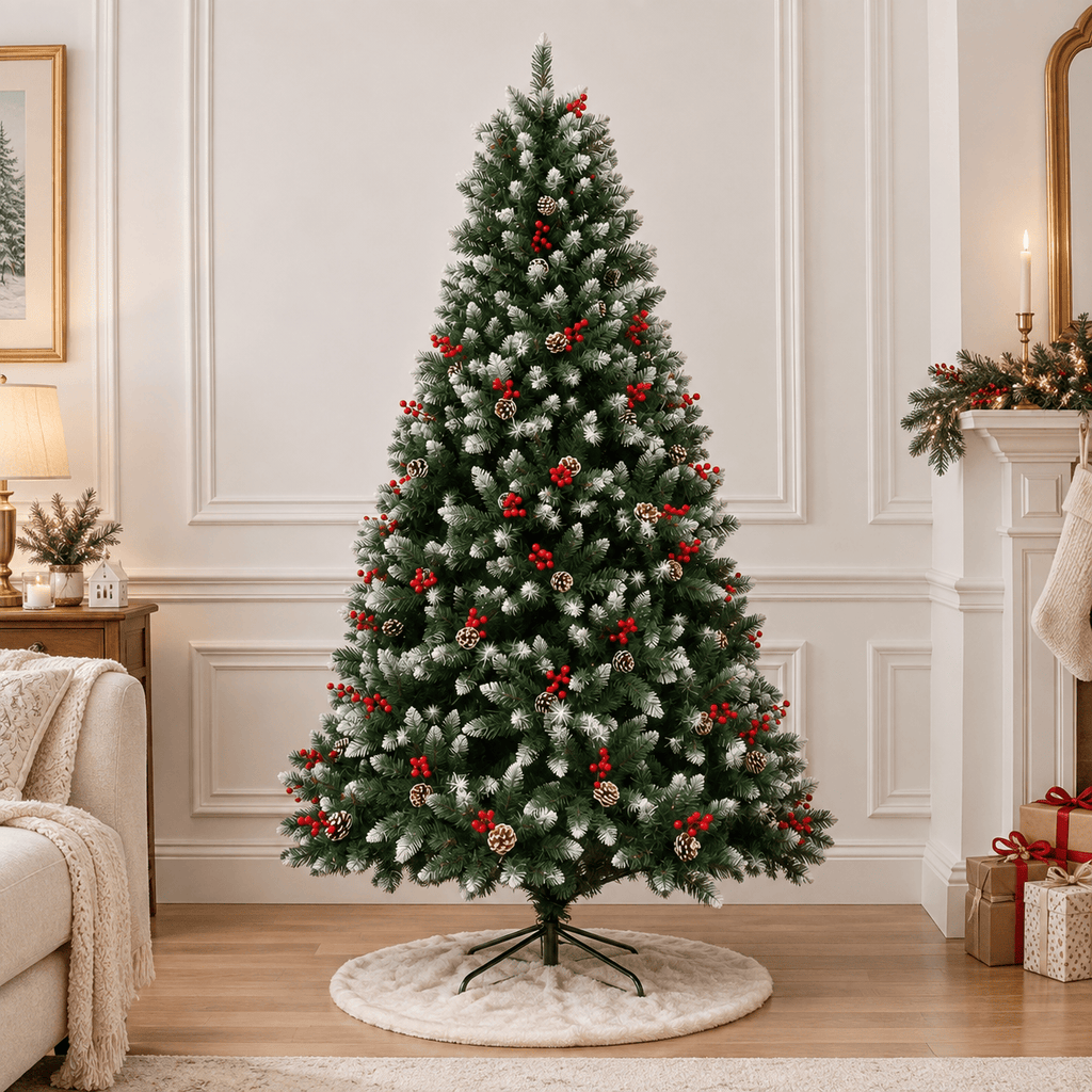 Green Flocked Artificial Christmas Tree Pre-Lit LED with Berries