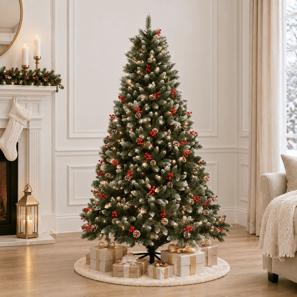 Green Flocked Artificial Christmas Tree Pre-Lit LED with Berries