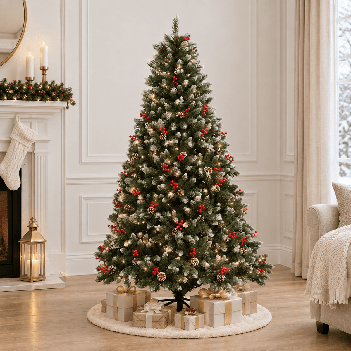Green Flocked Artificial Christmas Tree Pre-Lit LED with Berries