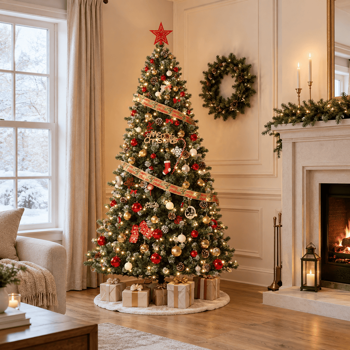Green Flocked Pencil Christmas Tree with Pine Cones, Slim 6' Indoor