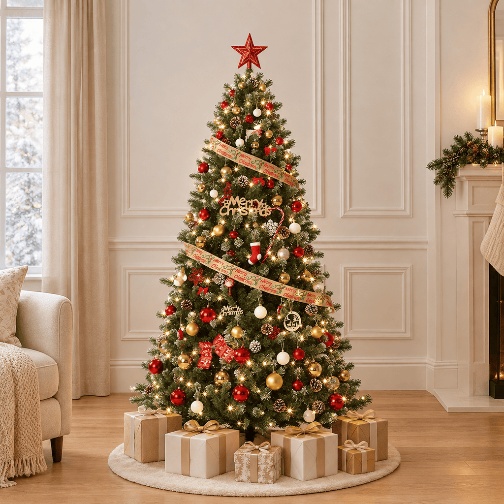 Green Flocked Pencil Christmas Tree with Pine Cones, Slim 6' Indoor