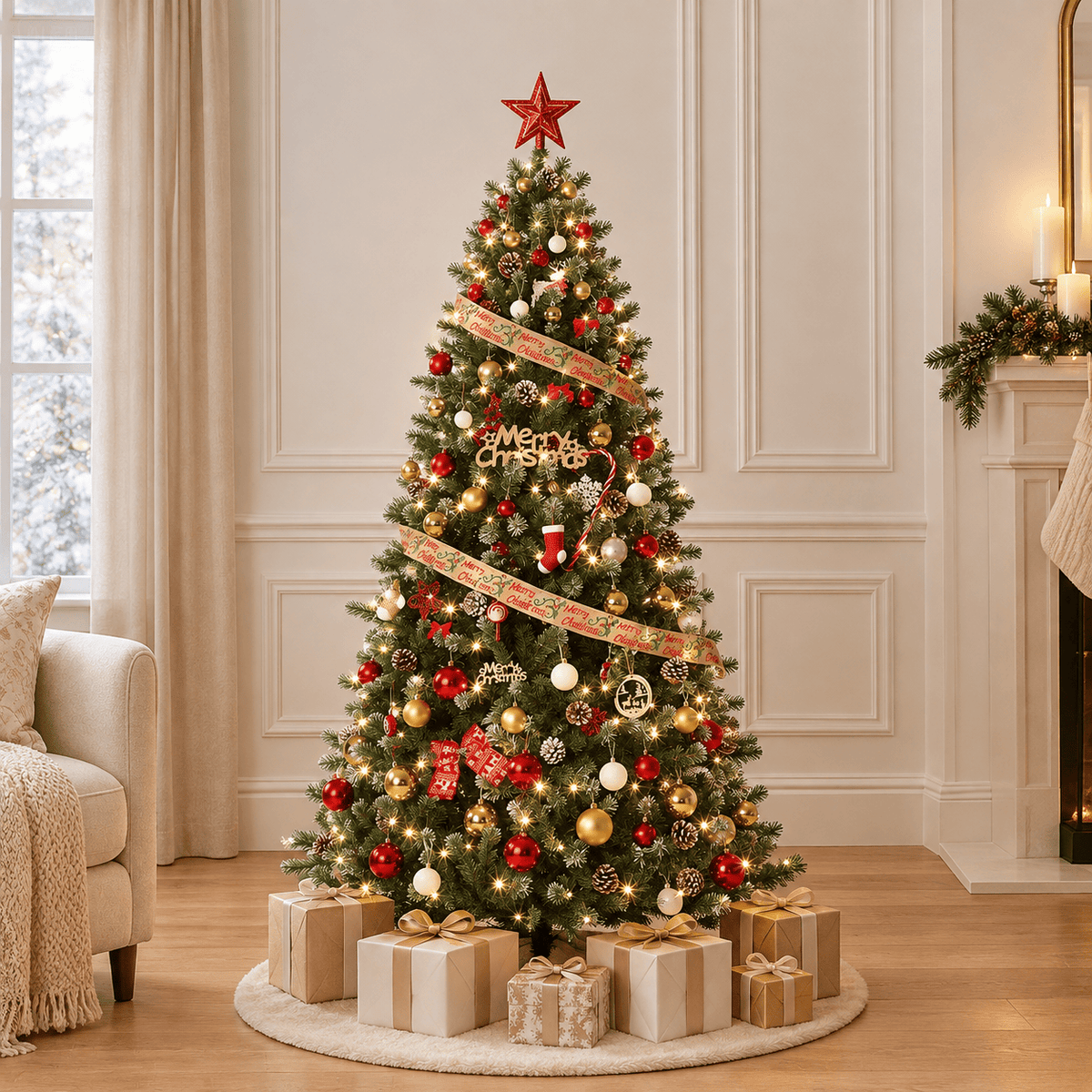 Green Flocked Pencil Christmas Tree with Pine Cones, Slim 6' Indoor