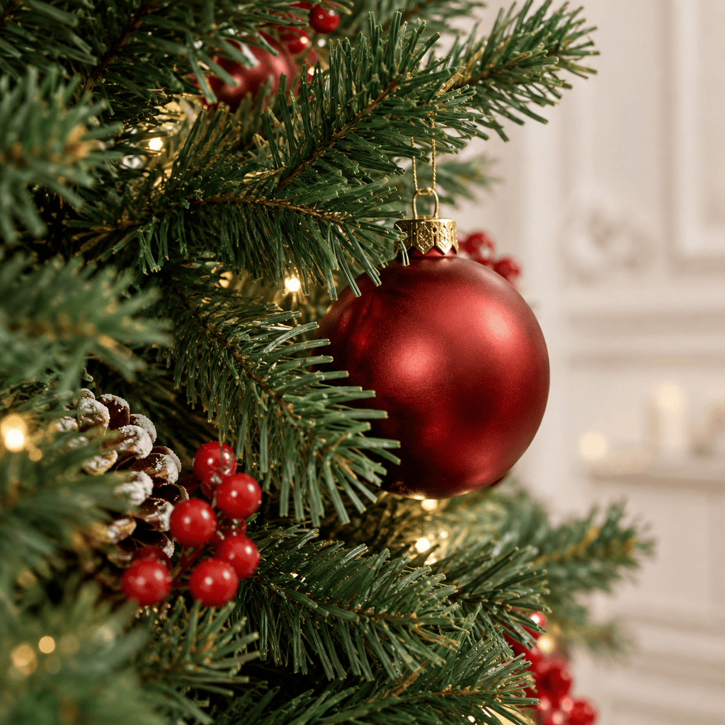Green Pre-Lit Pathway Christmas Trees with Red Ornaments & LED Lights