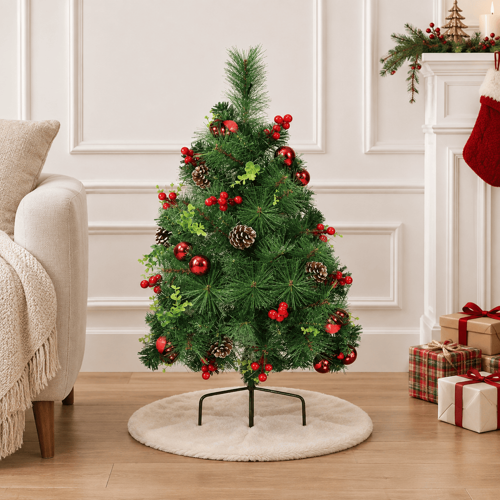 Green Pre-Lit Pathway Christmas Trees with Red Ornaments & LED Lights