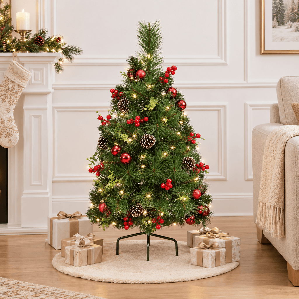 Green Pre-Lit Pathway Christmas Trees with Red Ornaments & LED Lights