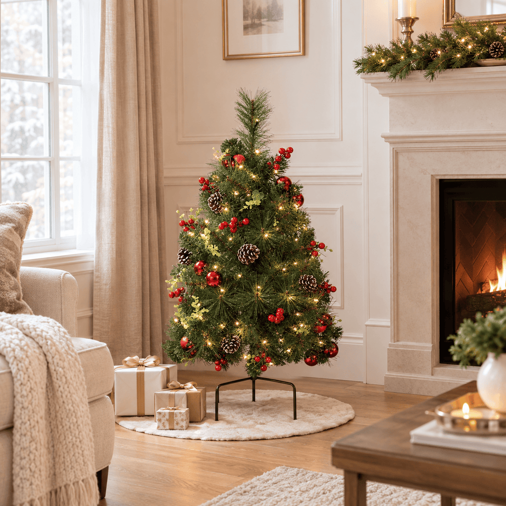 Green Pre-Lit Pathway Christmas Trees with Red Ornaments & LED Lights