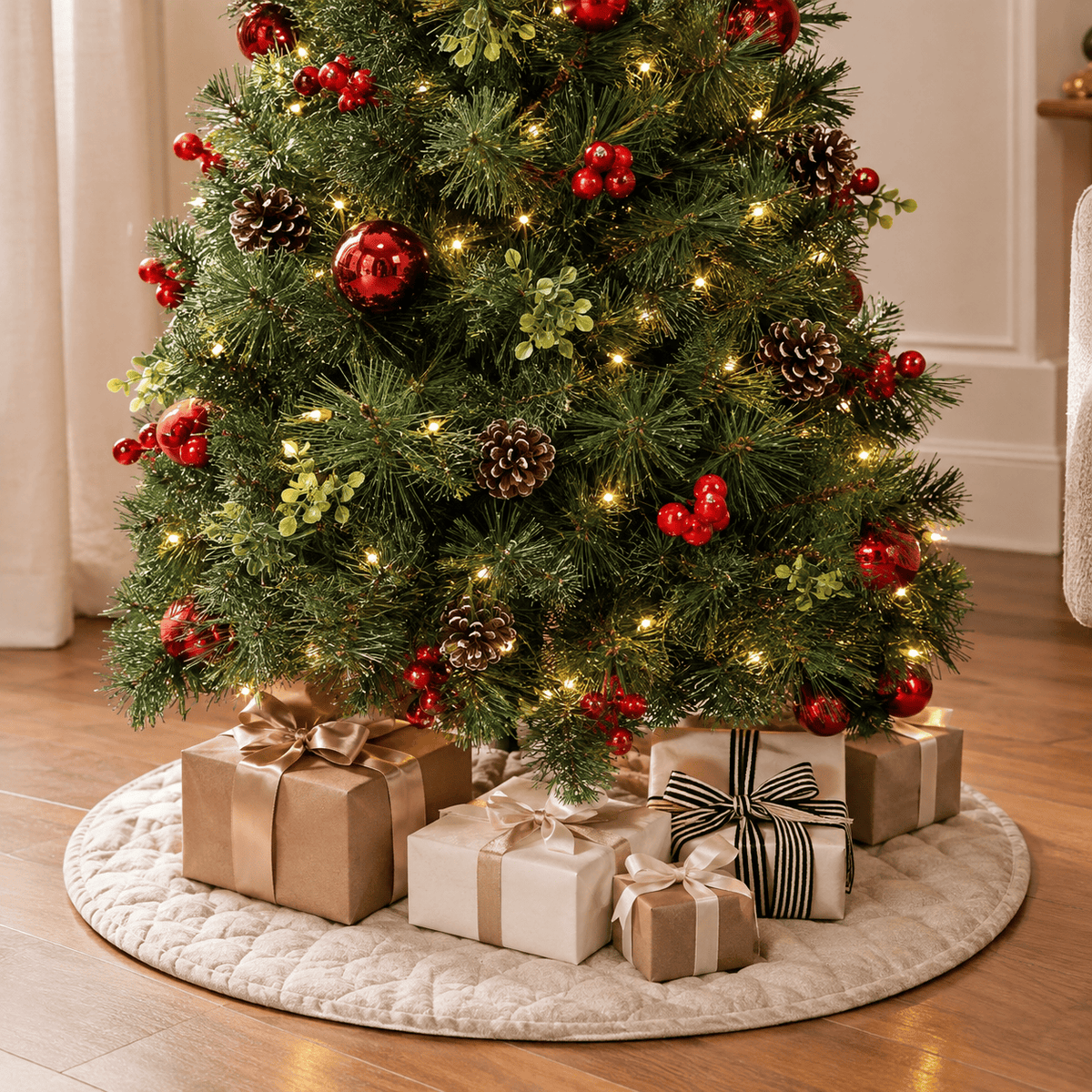 Green Pre-Lit Pathway Christmas Trees with Red Ornaments & LED Lights