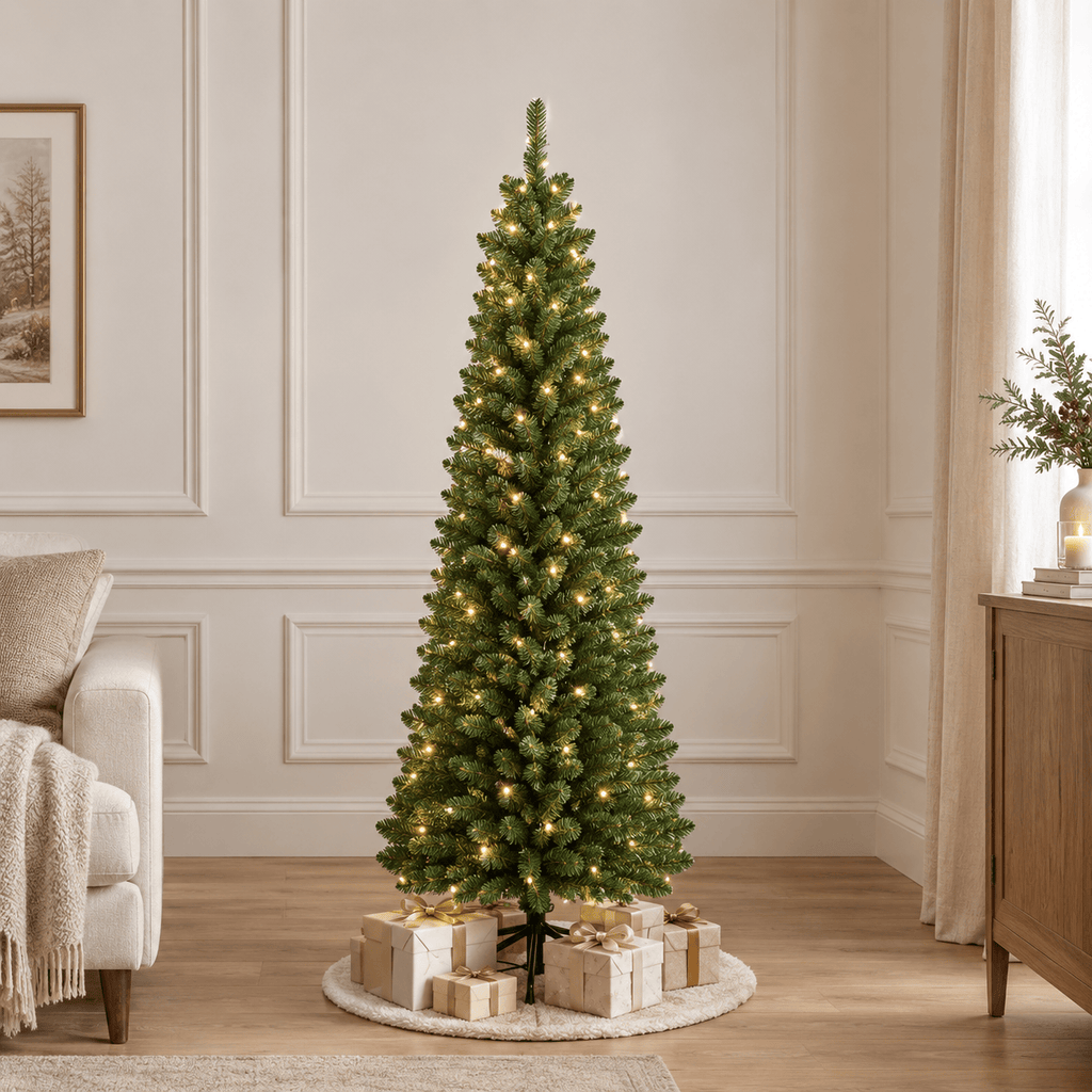 Green Pre-Lit Pencil Christmas Tree with 392 Tips & 140 LED Lights