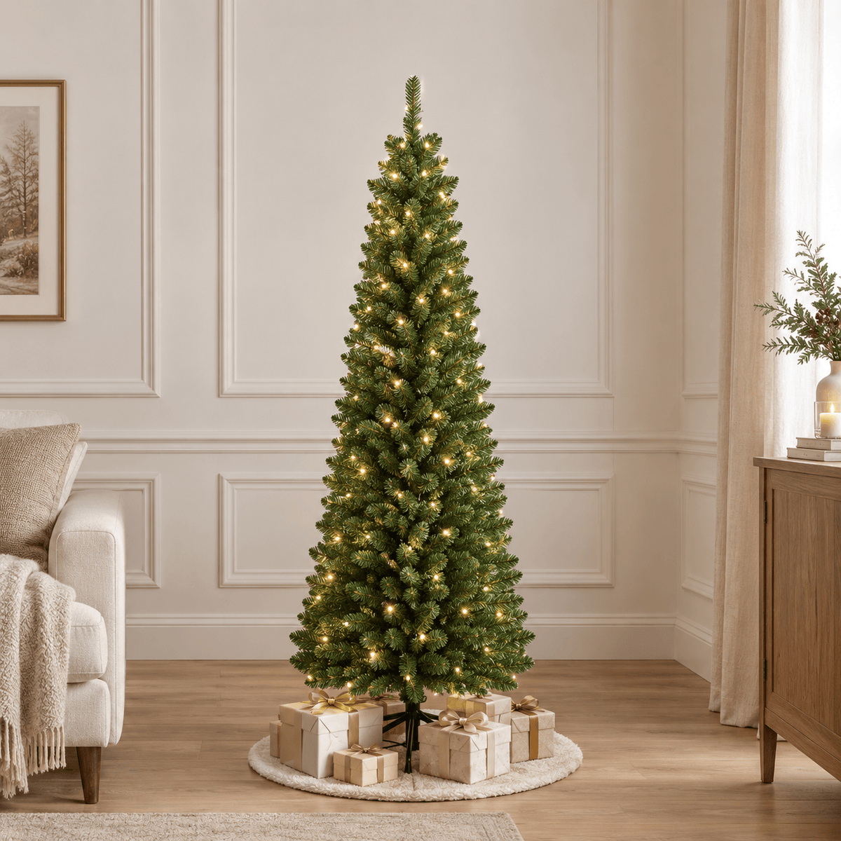 Green Pre-Lit Pencil Christmas Tree with 392 Tips & 140 LED Lights