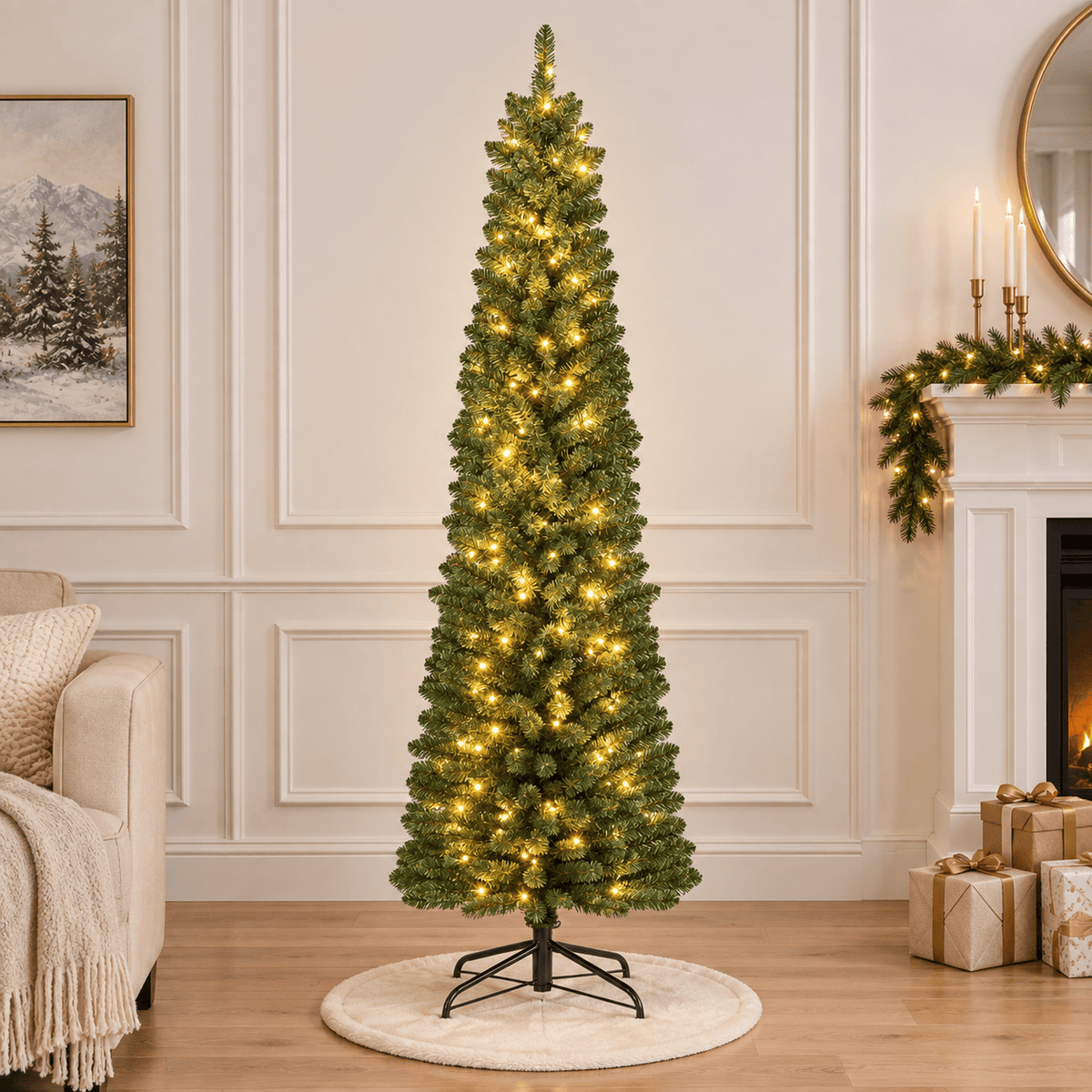 Green Pre-Lit Pencil Christmas Tree with 392 Tips & 140 LED Lights