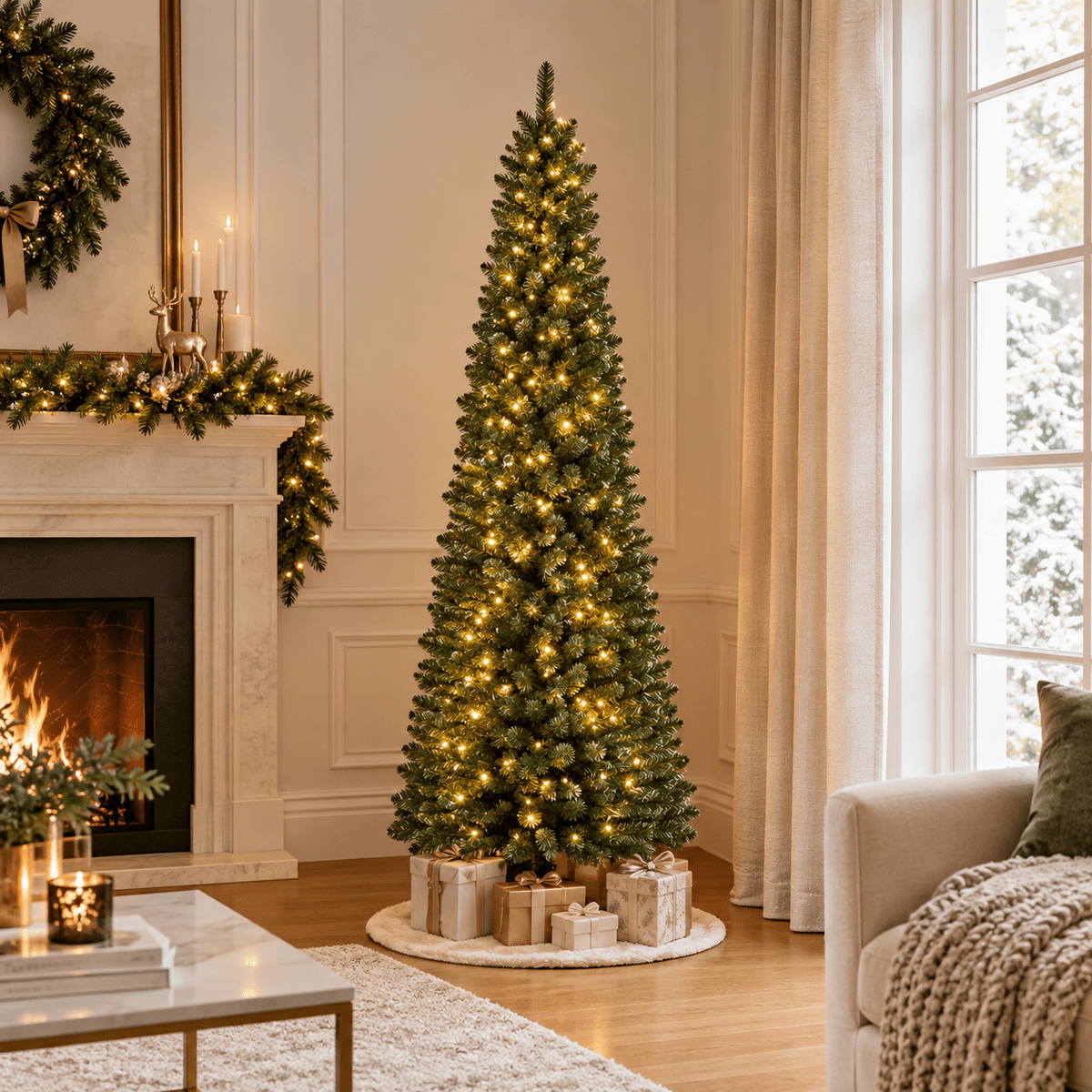 Green Pre-Lit Pencil Christmas Tree with 392 Tips & 140 LED Lights