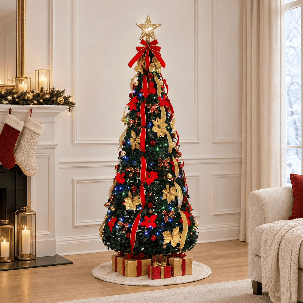 Green Pre-Lit Pop-Up Christmas Tree, 200 LED Lights, Star Topper