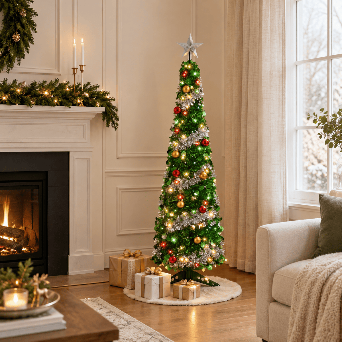 Green Pre-Lit Tinsel Christmas Tree with 50 Multicolor LED Lights