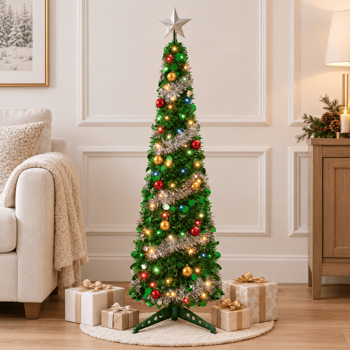 Green Pre-Lit Tinsel Christmas Tree with 50 Multicolor LED Lights