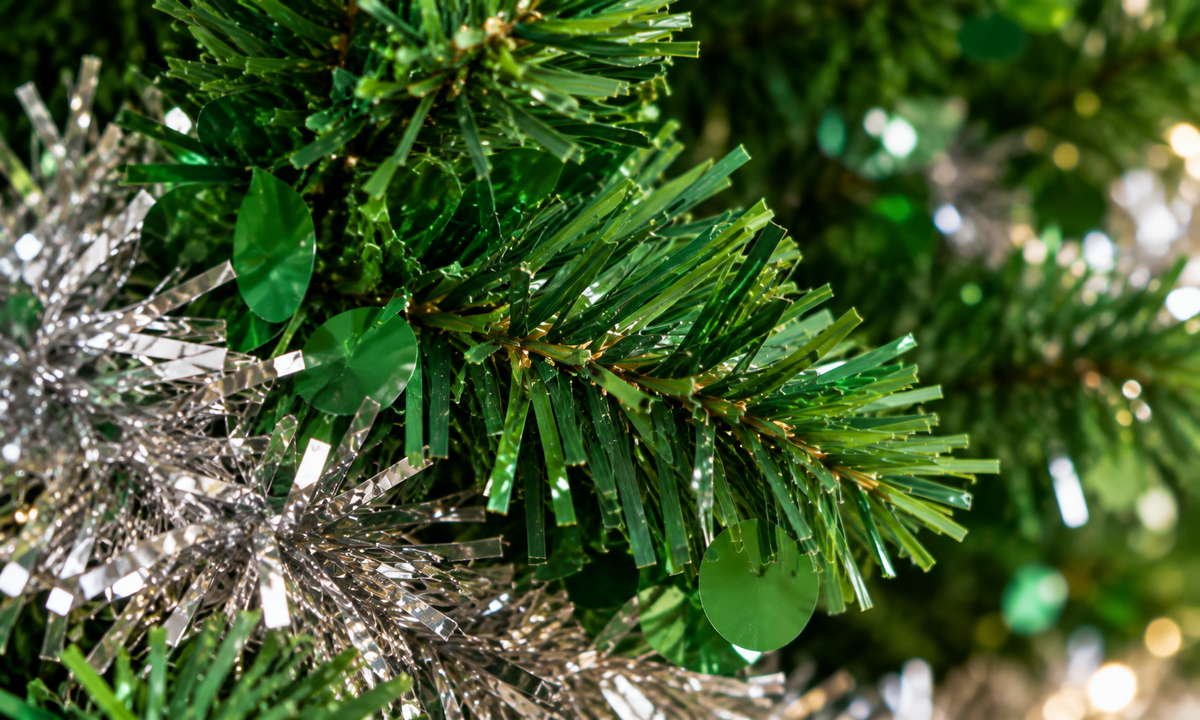 Green Pre-Lit Tinsel Christmas Tree with Multicolor LED Lights - Realism