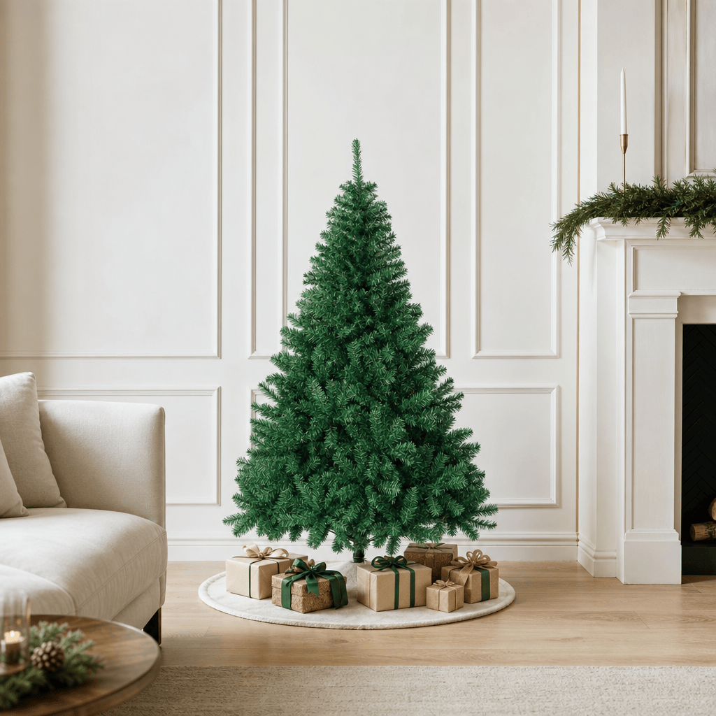 Green Unlit Artificial Christmas Tree, PVC Hinged Branches & Metal Sta