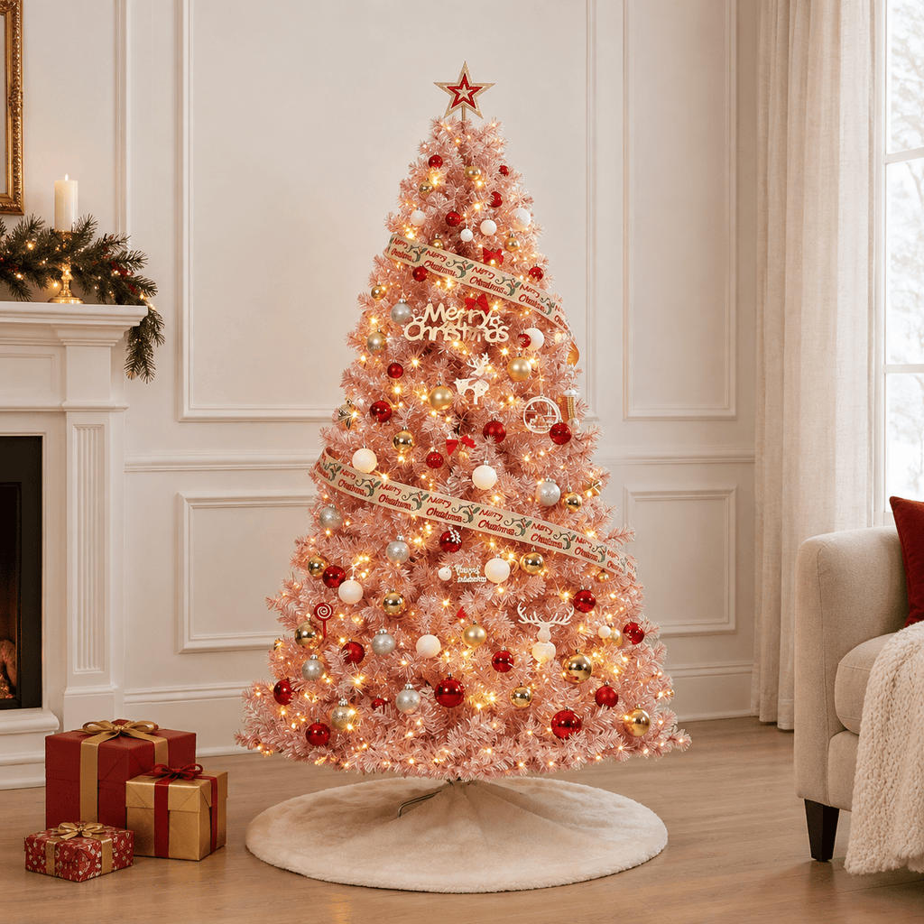Pink Artificial Christmas Tree with 250 LED Lights, Hinged Branches