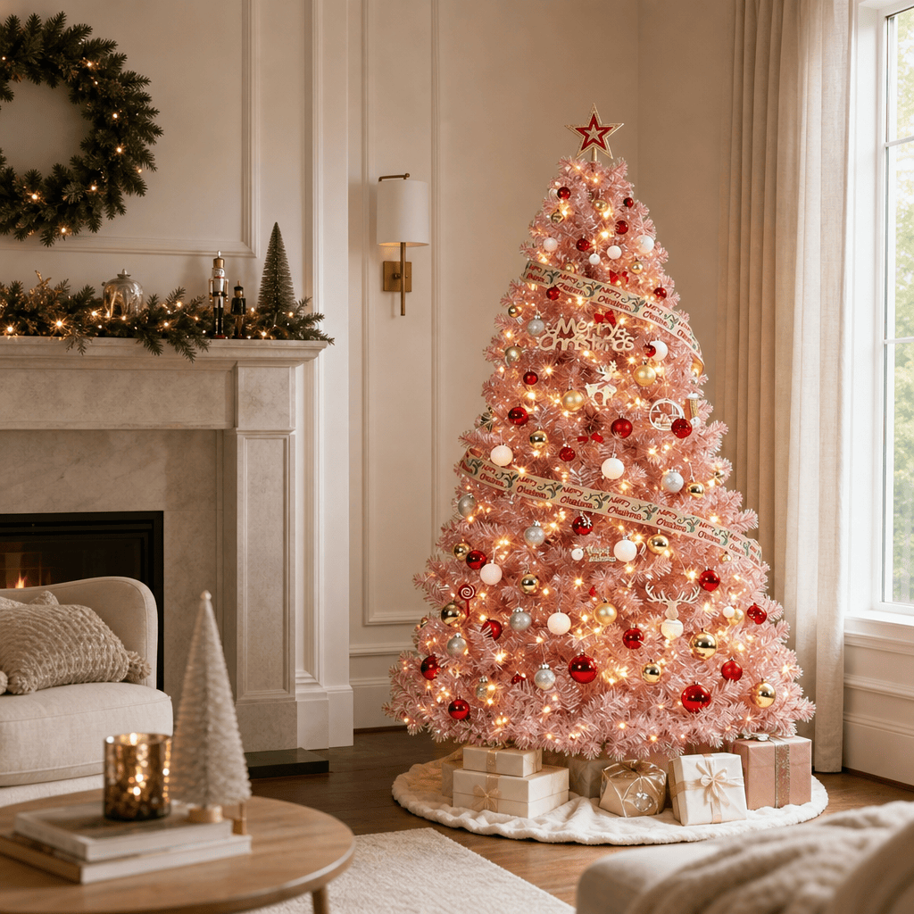 Pink Artificial Christmas Tree with 250 LED Lights, Hinged Branches