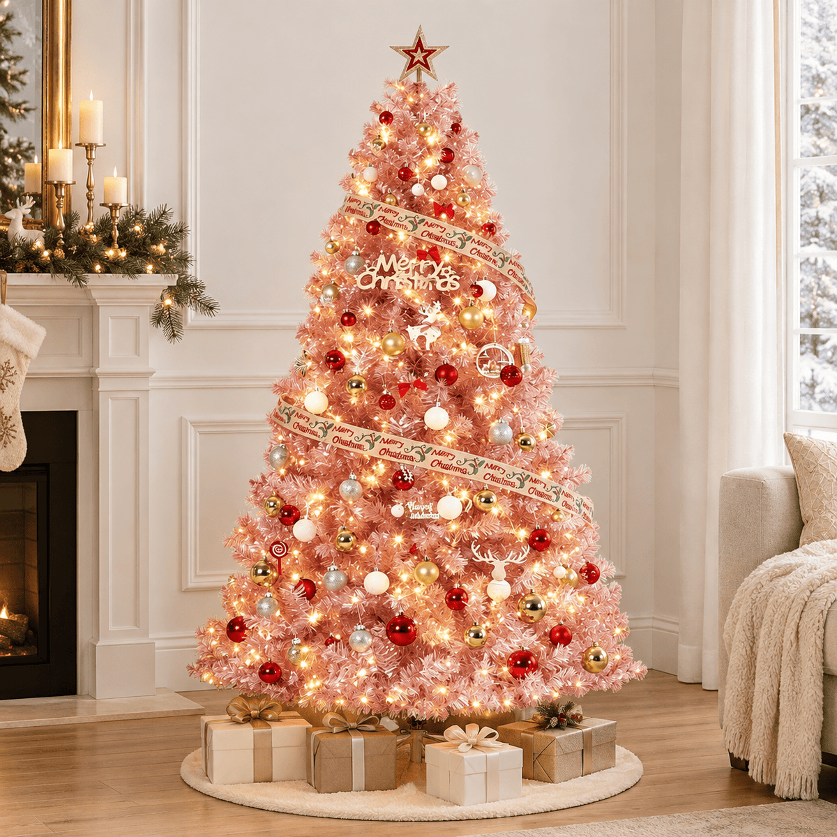 Pink Artificial Christmas Tree with 250 LED Lights, Hinged Branches