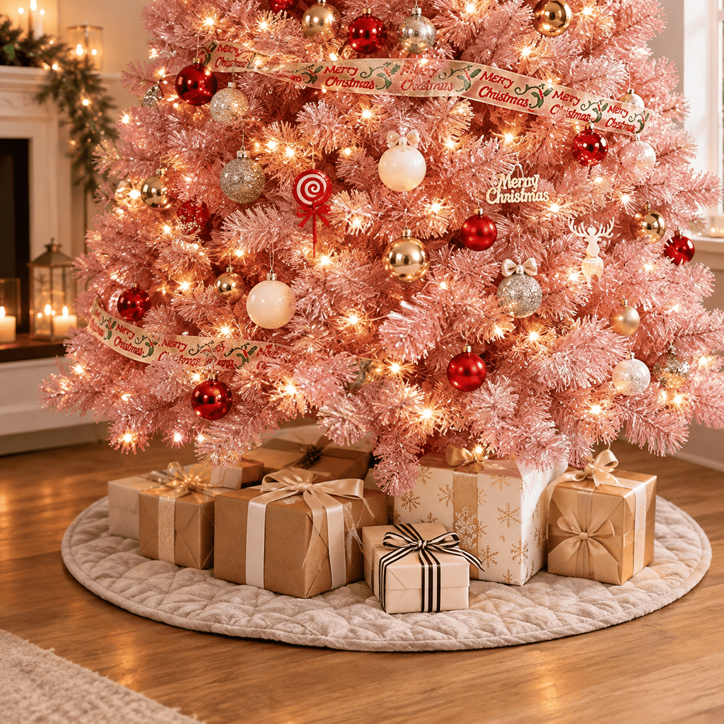 Pink Artificial Christmas Tree with 250 LED Lights, Hinged Branches