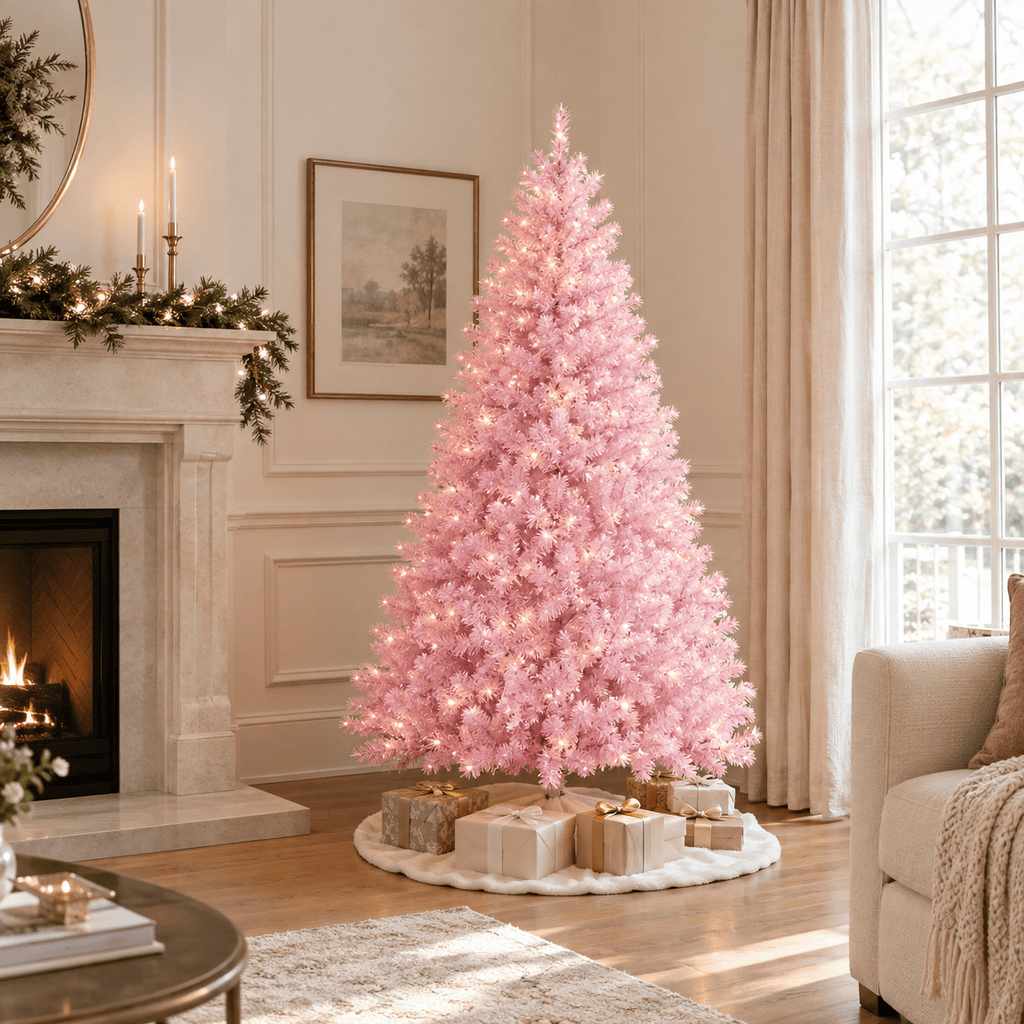 Pink Artificial Christmas Tree with Auto-Open Hinged Branches & Stand