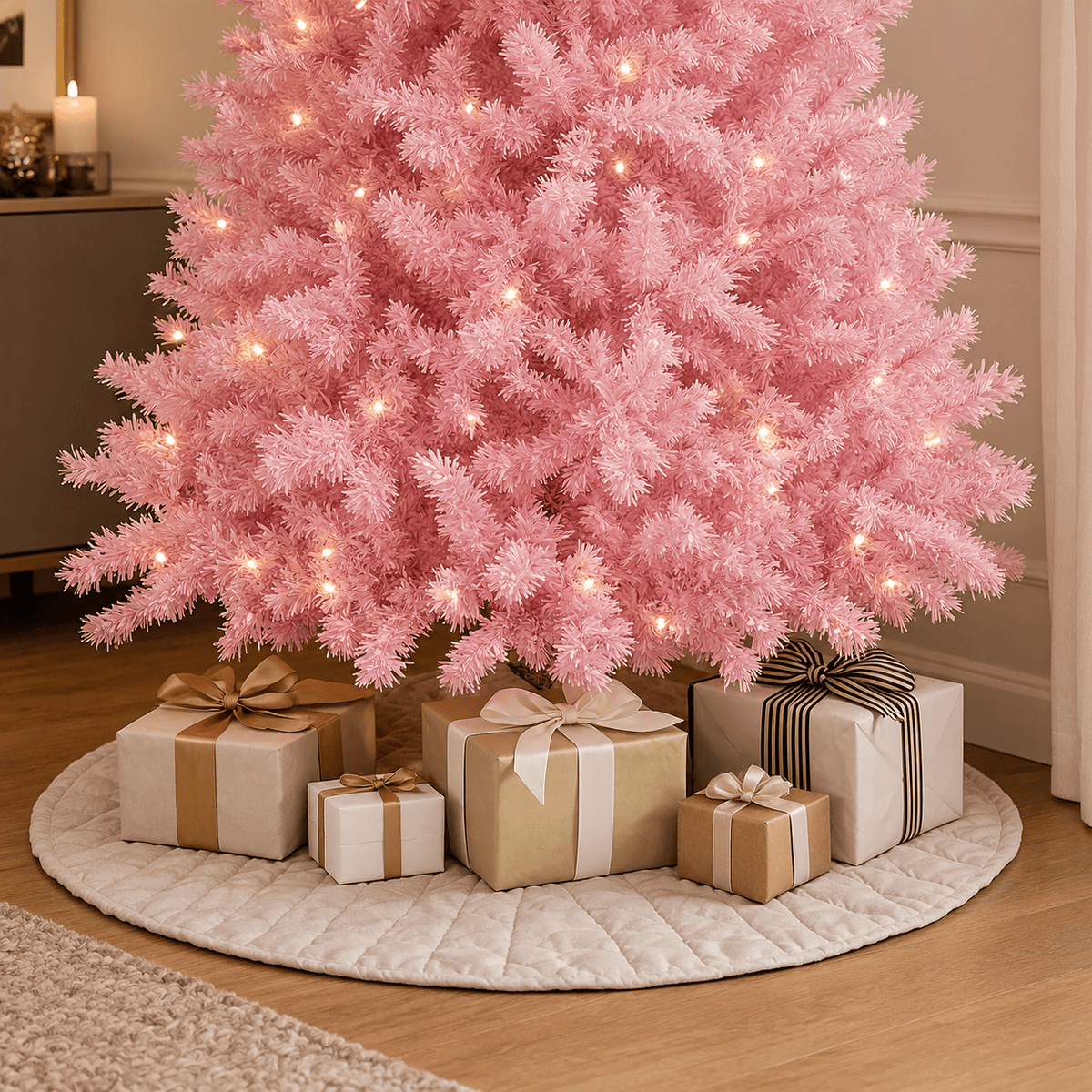 Pink Artificial Christmas Tree with Auto-Open Hinged Branches & Stand