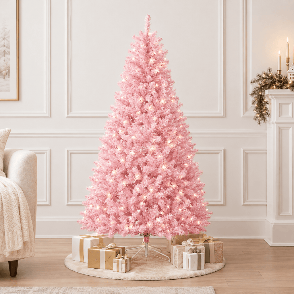Pink Artificial Christmas Tree with Auto-Open Hinged Branches & Stand