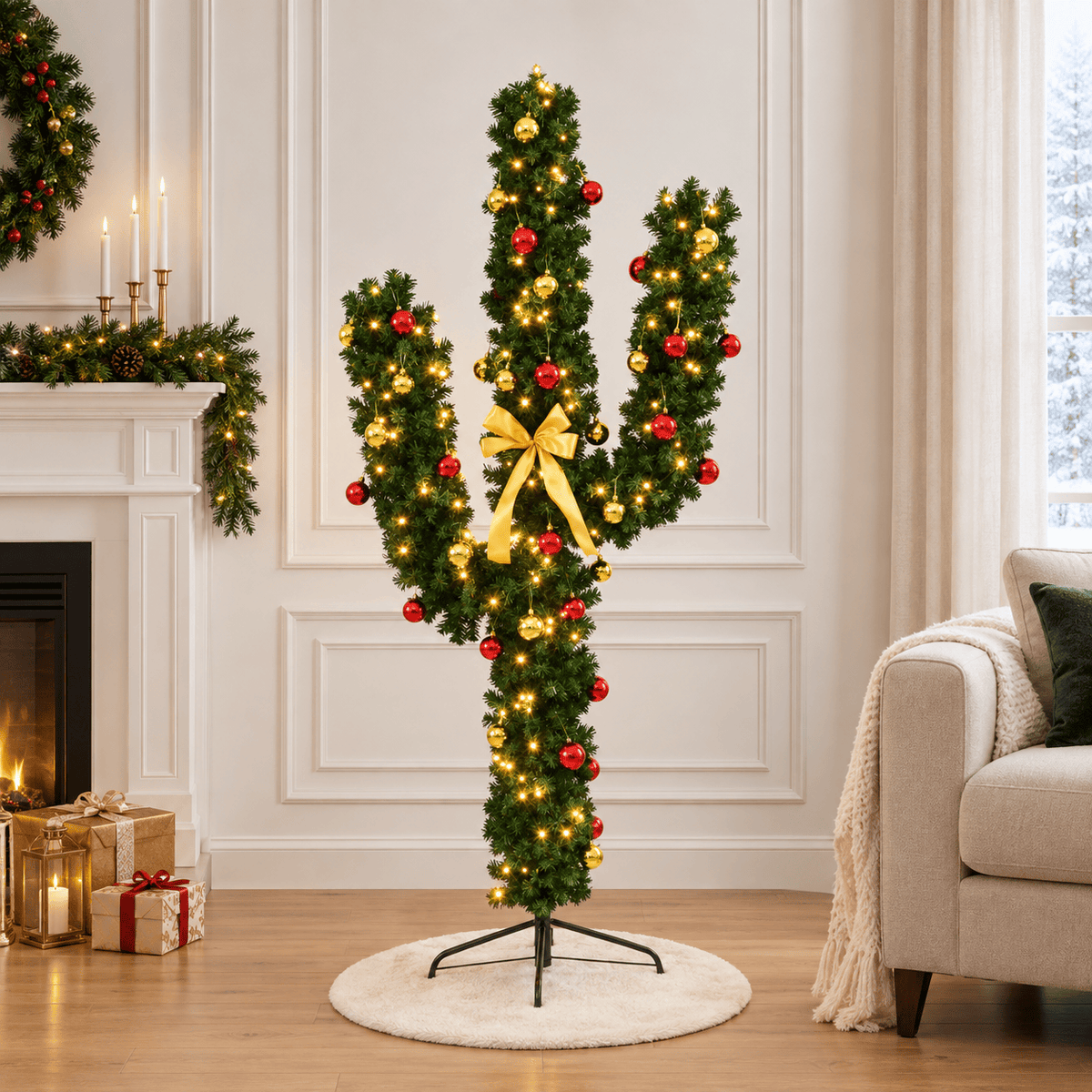 Pre-Lit Cactus Christmas Tree with 120 LED Lights and Ornaments