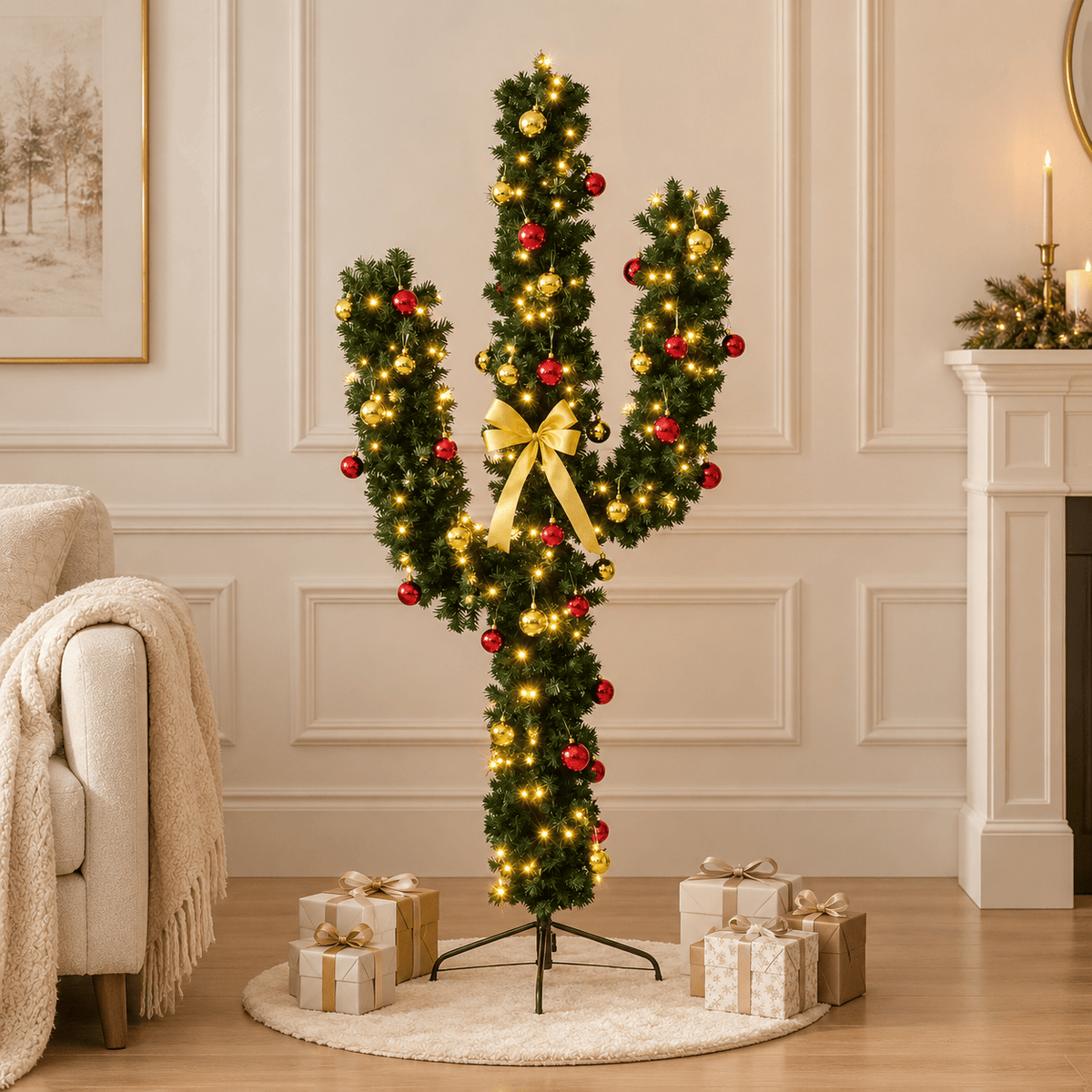 Pre-Lit Cactus Christmas Tree with 120 LED Lights and Ornaments