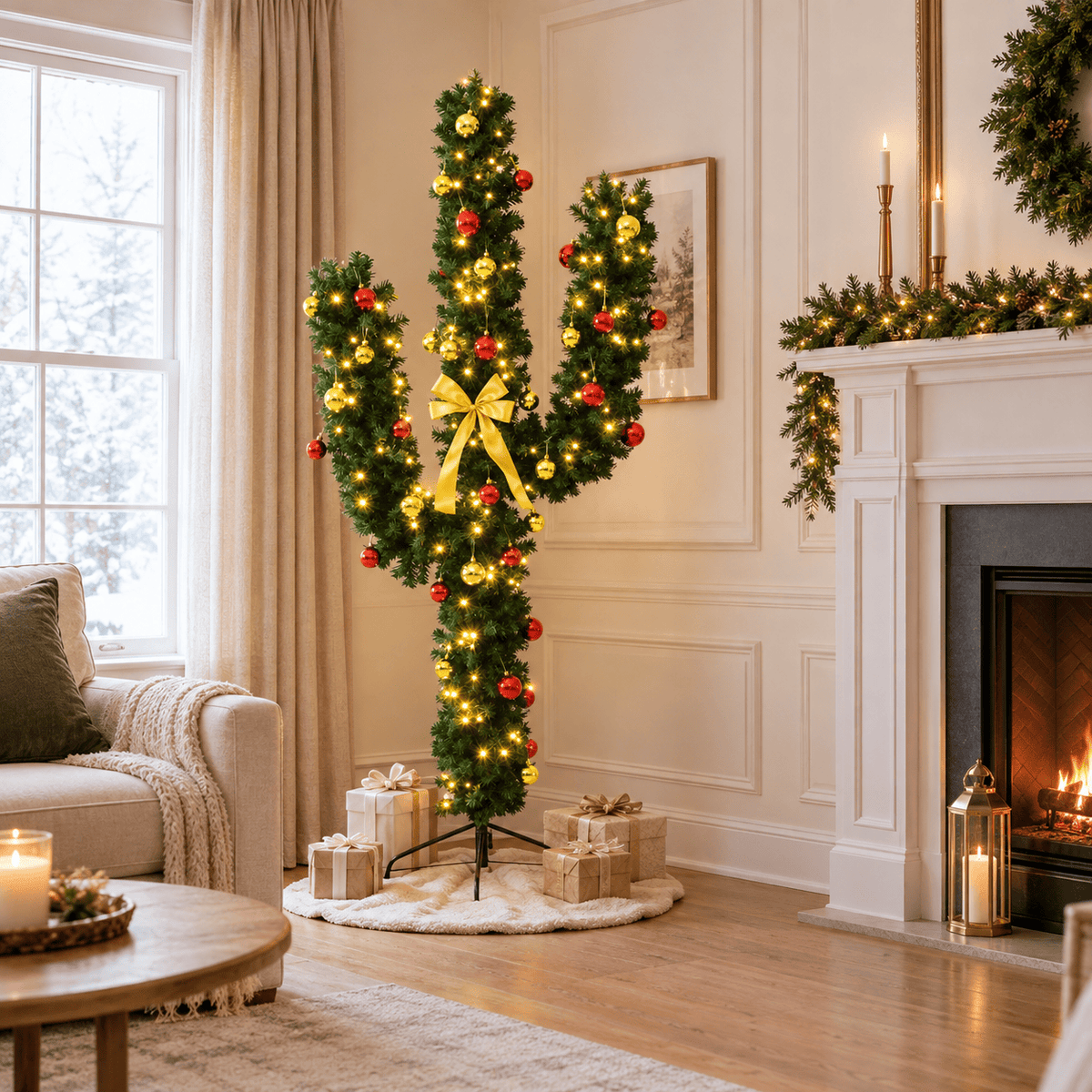 Pre-Lit Cactus Christmas Tree with 120 LED Lights and Ornaments