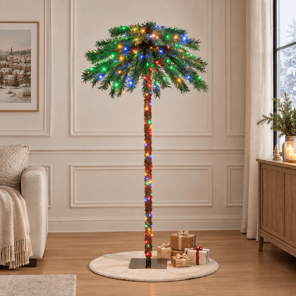 Pre-Lit Christmas Palm Tree with 210 Multicolor LED Lights, PVC