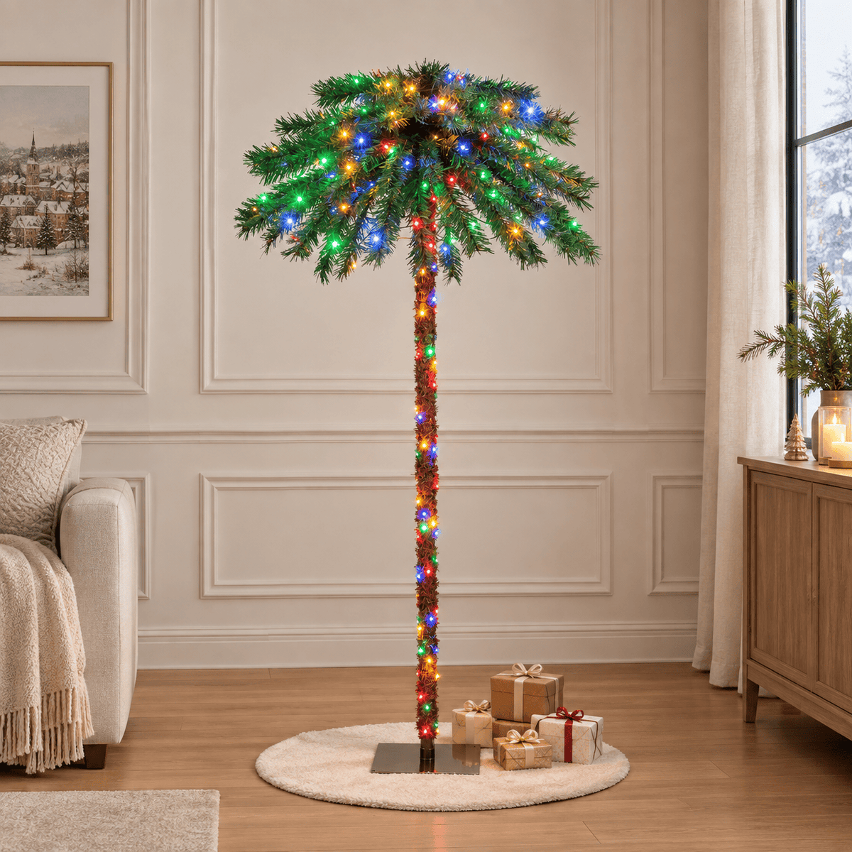 Pre-Lit Christmas Palm Tree with 210 Multicolor LED Lights, PVC