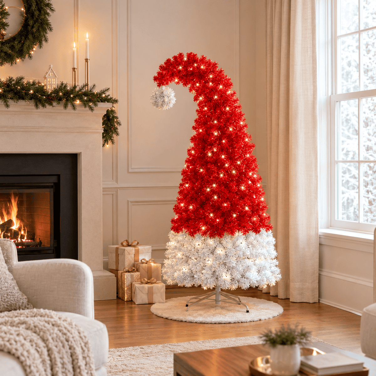 Pre-Lit Red Santa Hat Christmas Tree with 300 LED Lights, 1050 Tips