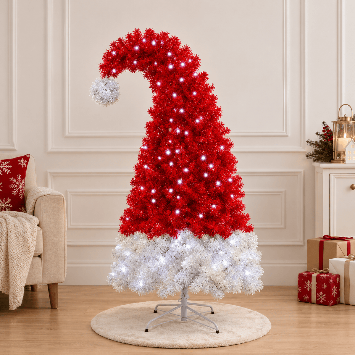 Pre-Lit Red Santa Hat Christmas Tree with 300 LED Lights, 1050 Tips