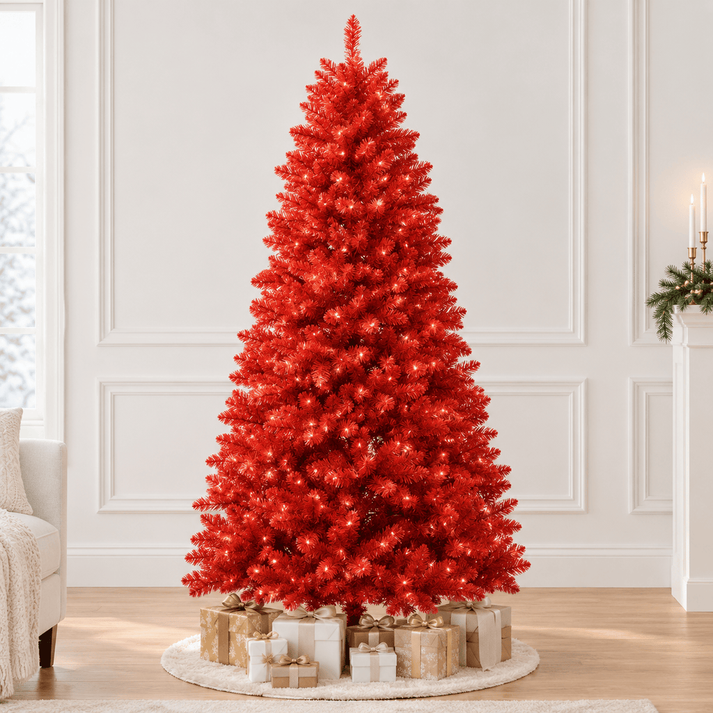 Red Artificial Fir Christmas Tree, Dense PVC, Hinged Branches
