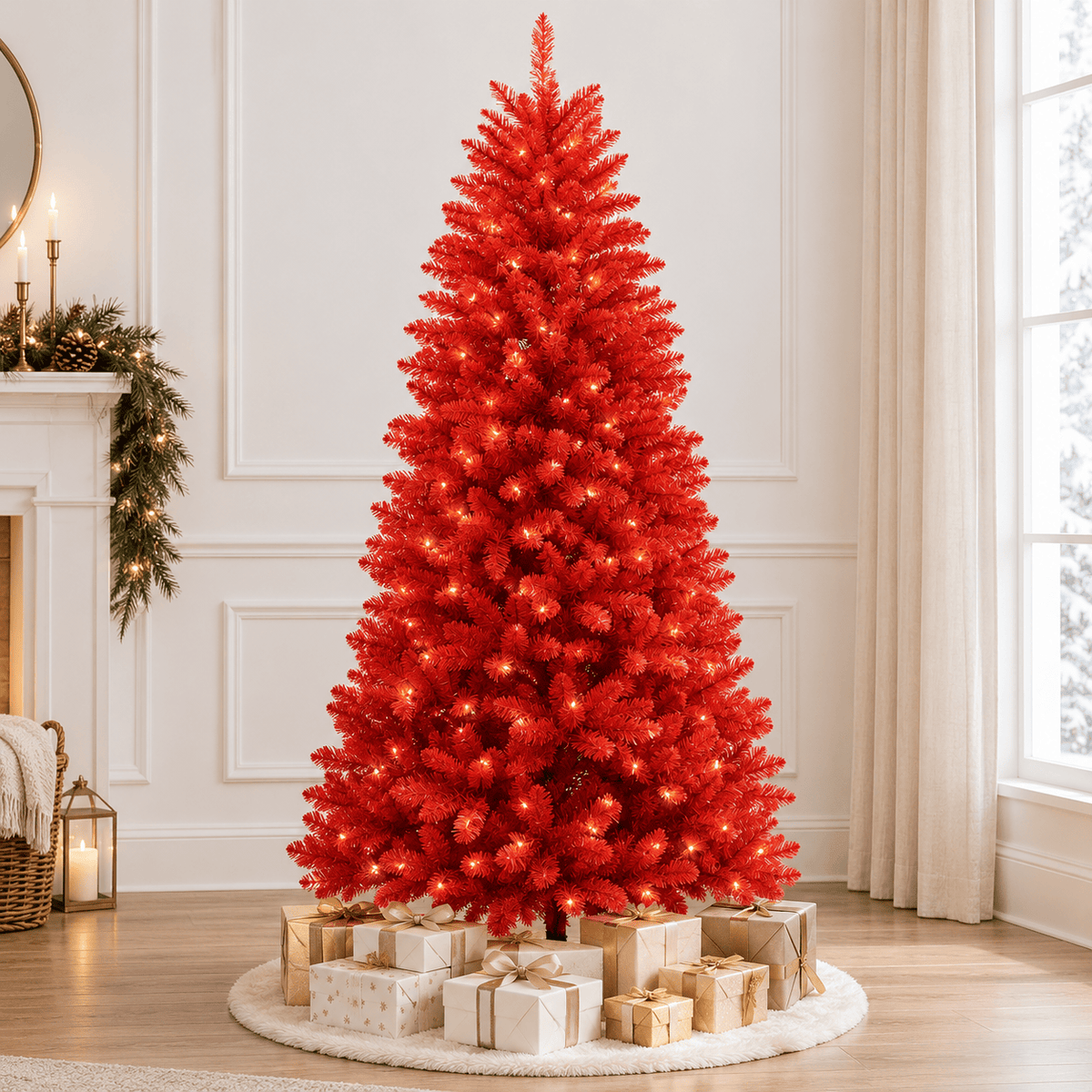 Red Artificial Fir Christmas Tree, Dense PVC, Hinged Branches