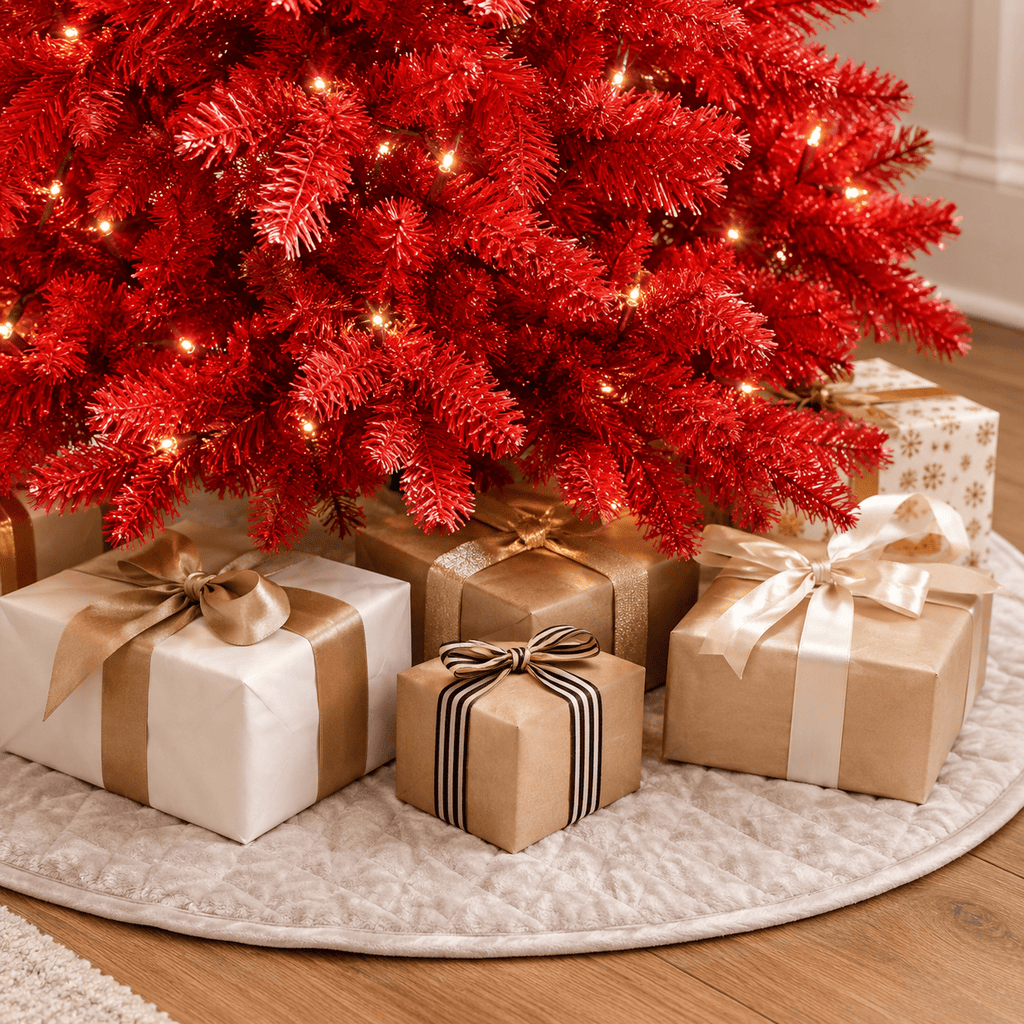 Red Artificial Fir Christmas Tree, Dense PVC, Hinged Branches