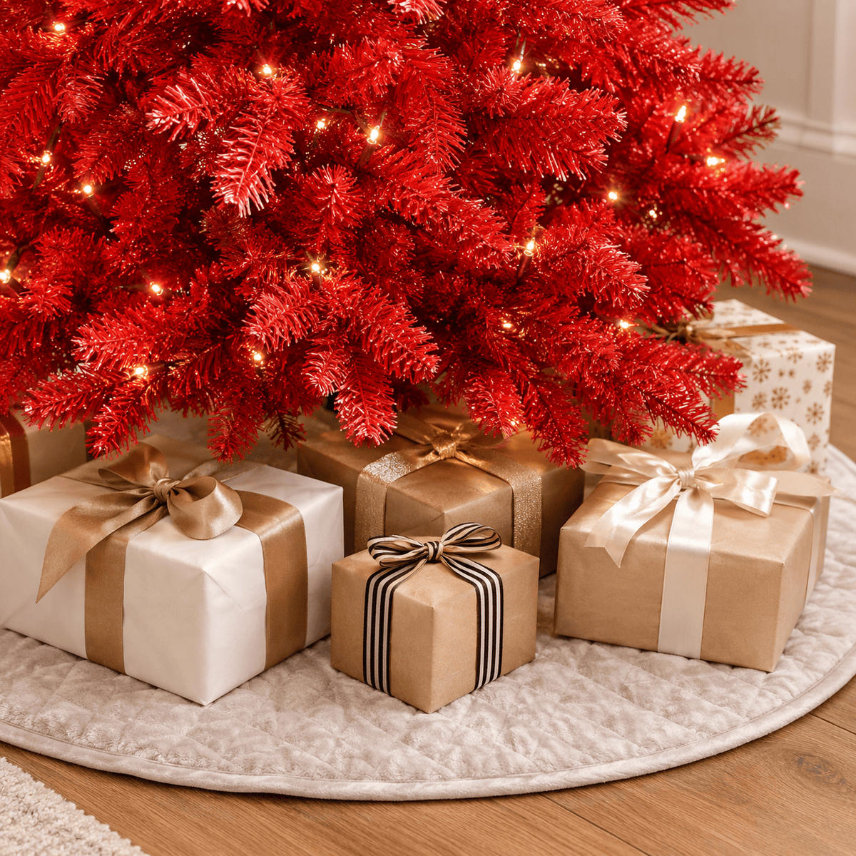 Red Artificial Fir Christmas Tree, Dense PVC, Hinged Branches