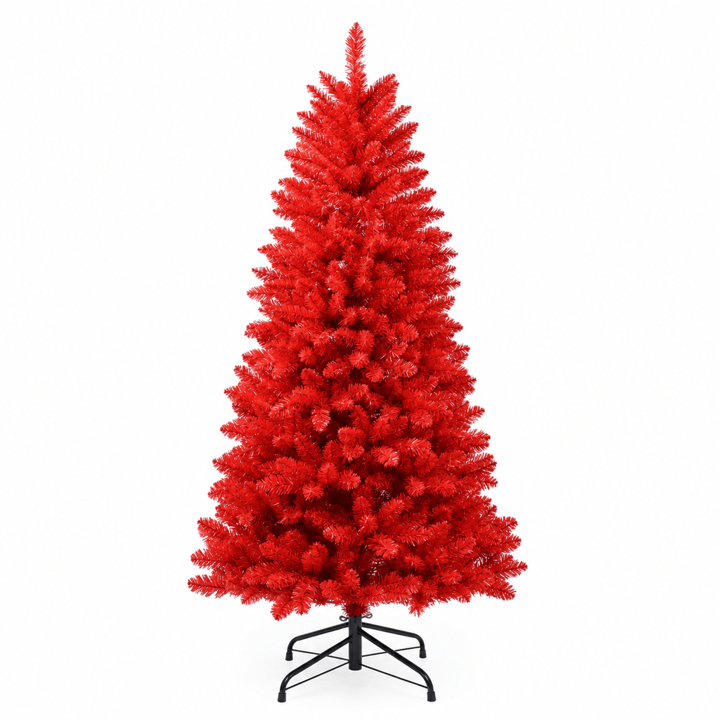 Red Artificial Fir Christmas Tree, Dense PVC, Hinged Branches