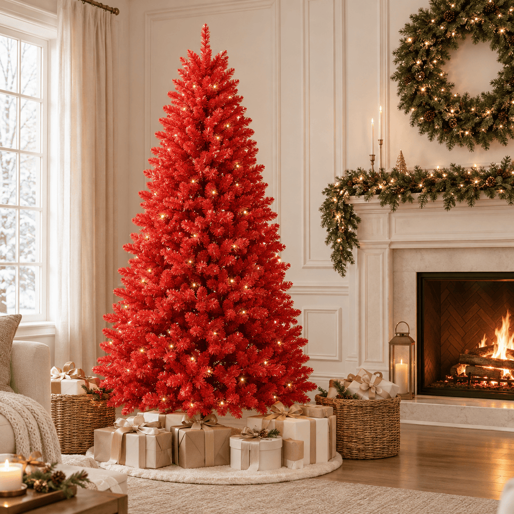 Red Artificial Fir Christmas Tree, Dense PVC, Hinged Branches