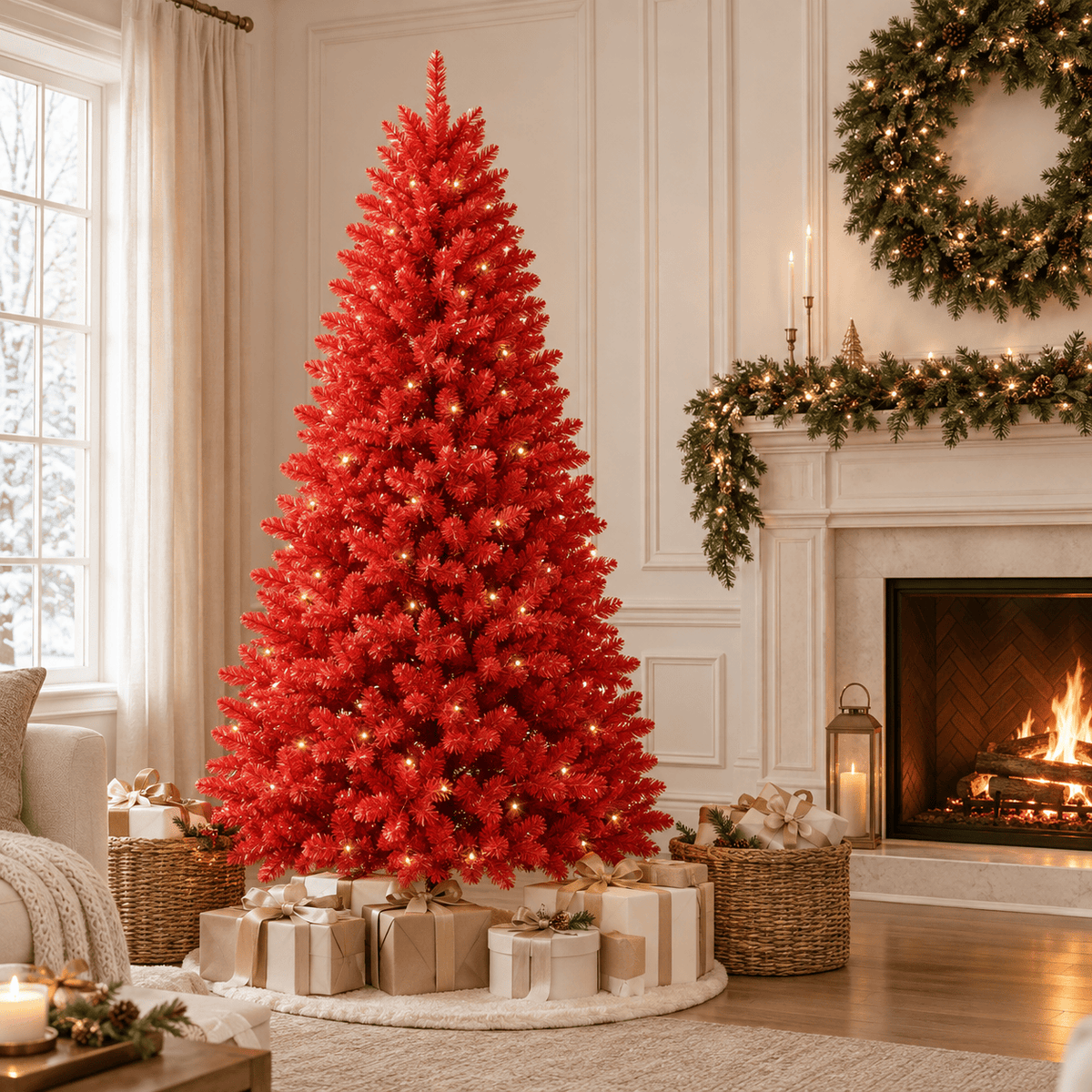 Red Artificial Fir Christmas Tree, Dense PVC, Hinged Branches