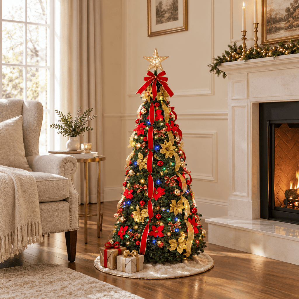Red & Gold Pre-Decorated Pop Up Christmas Tree, 200 LED Lights, Remote