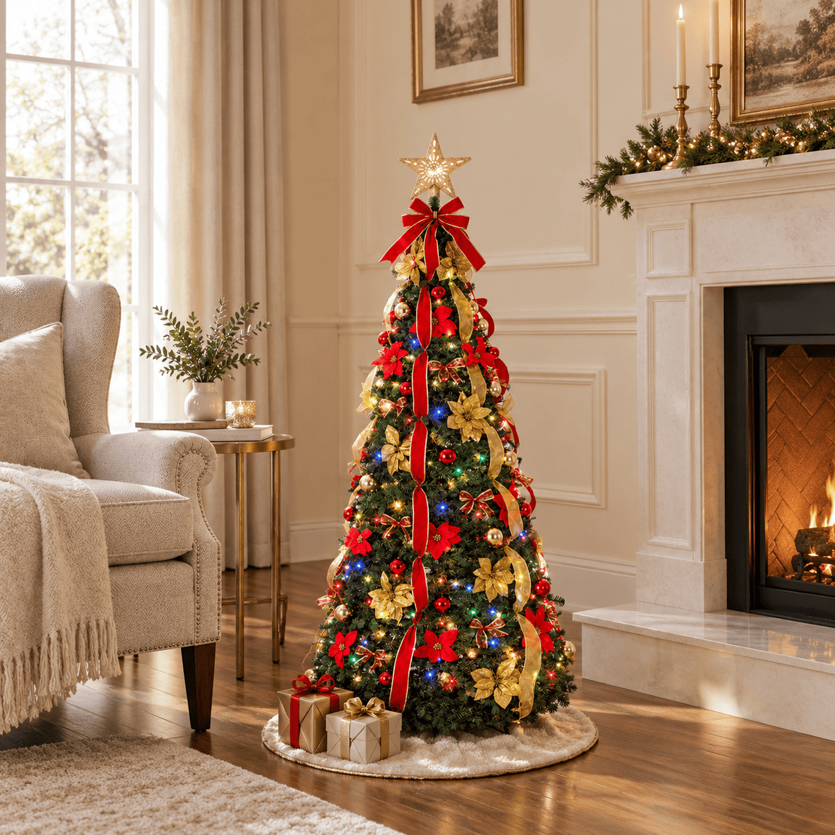 Red & Gold Pre-Decorated Pop Up Christmas Tree, 200 LED Lights, Remote