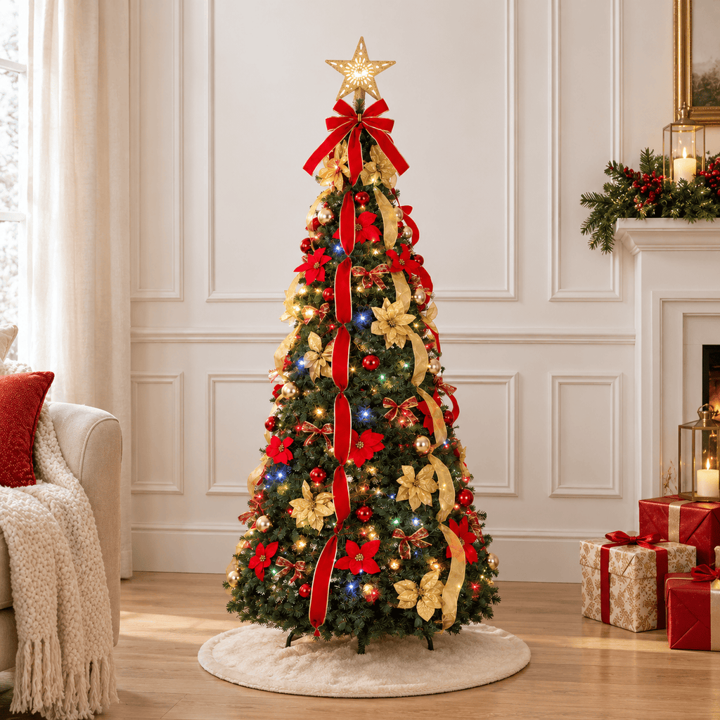 Red & Gold Pre-Decorated Pop Up Christmas Tree, 200 LED Lights, Remote
