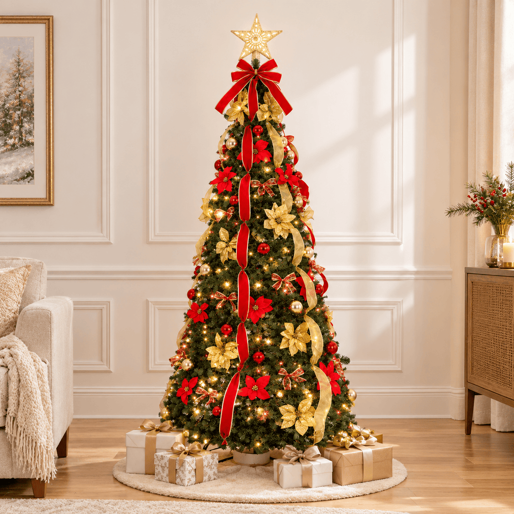 Red & Gold Pre-Decorated Pop Up Christmas Tree, 200 LED Lights, Remote
