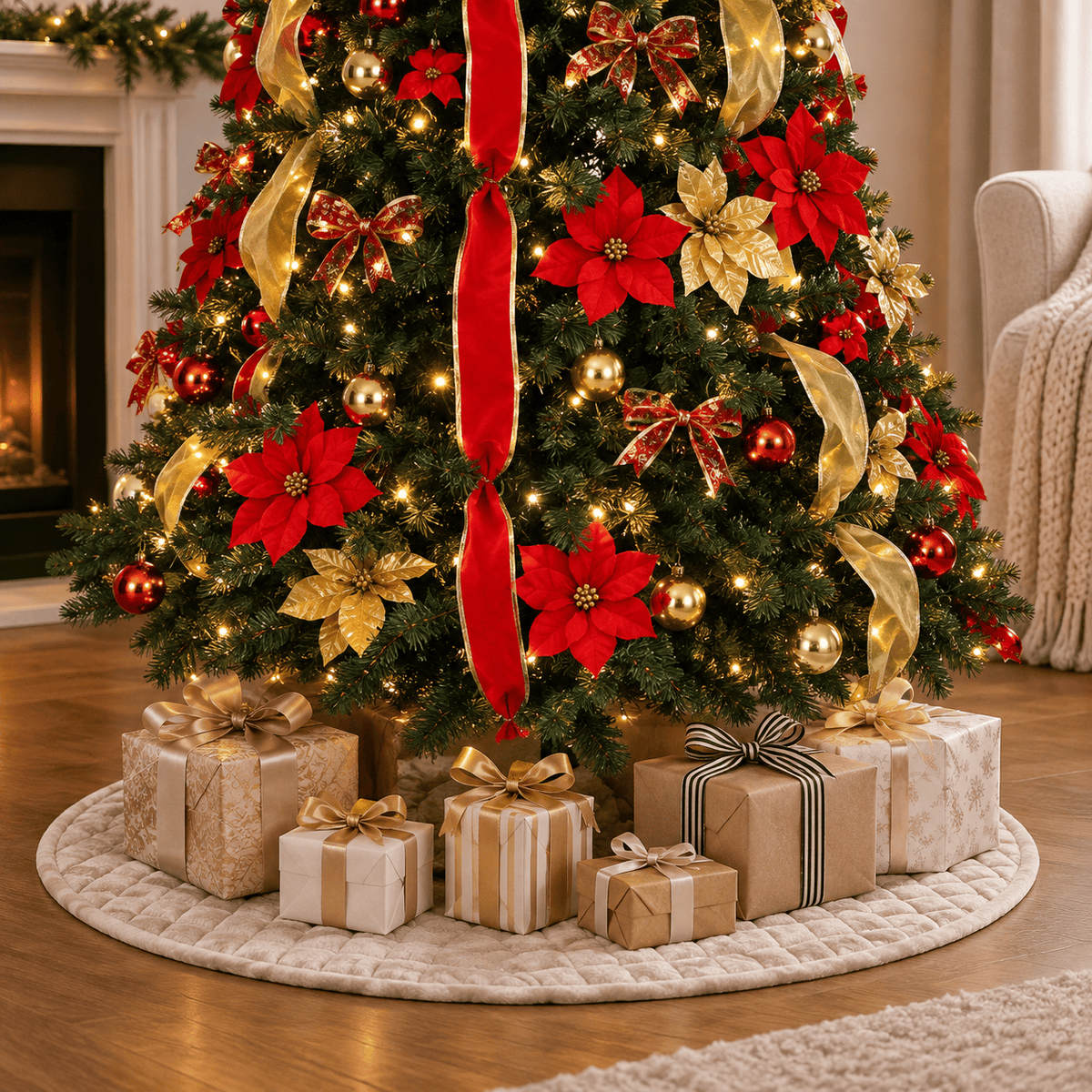 Red & Gold Pre-Decorated Pop Up Christmas Tree, 200 LED Lights, Remote