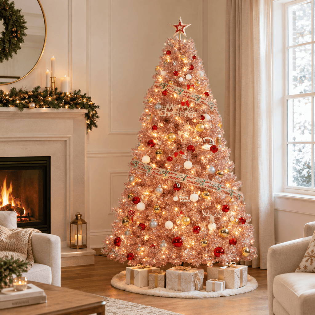 Rose Gold Pre-Lit Artificial Christmas Tree with LED Lights & Stand