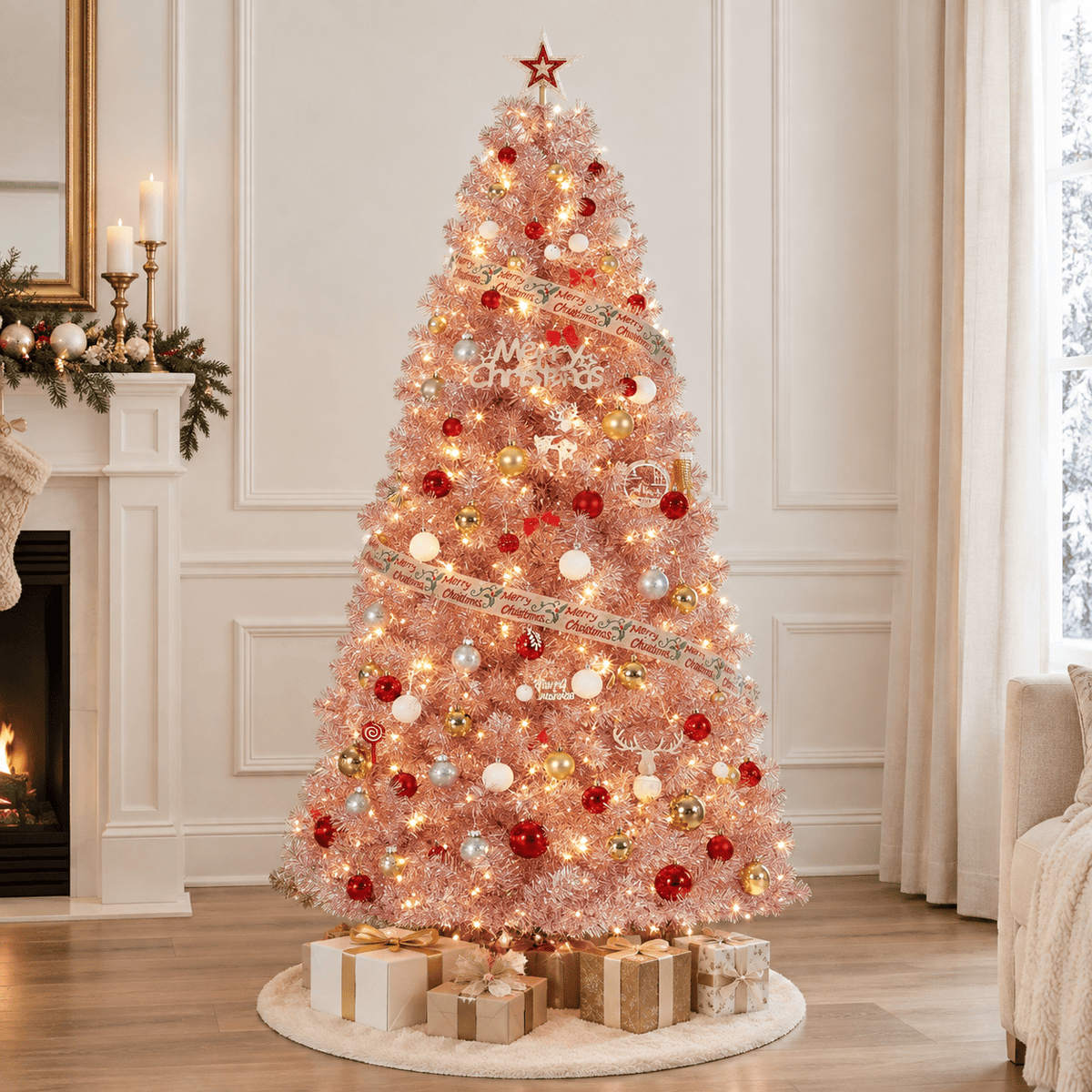 Rose Gold Pre-Lit Artificial Christmas Tree with LED Lights & Stand