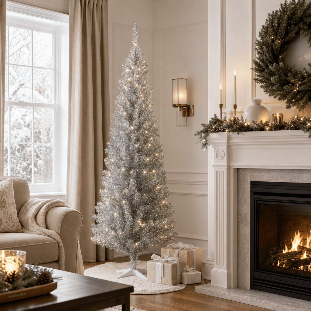 Silver Pencil Artificial Christmas Tree, 294 Tips, Unlit Slim Design
