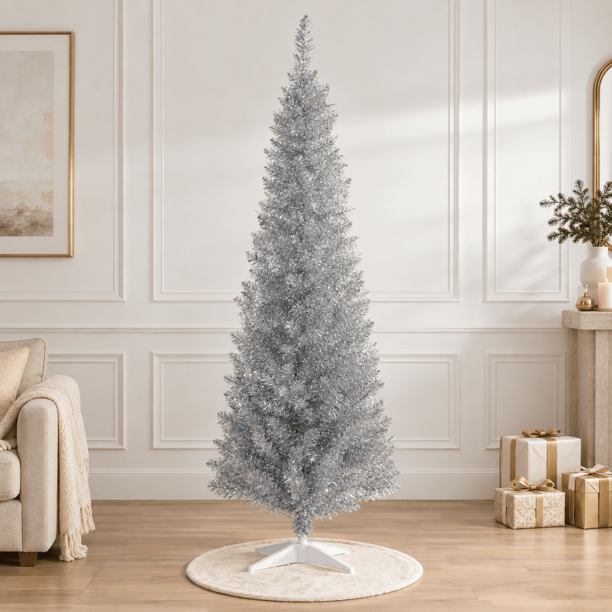 Silver Pencil Artificial Christmas Tree, 294 Tips, Unlit Slim Design